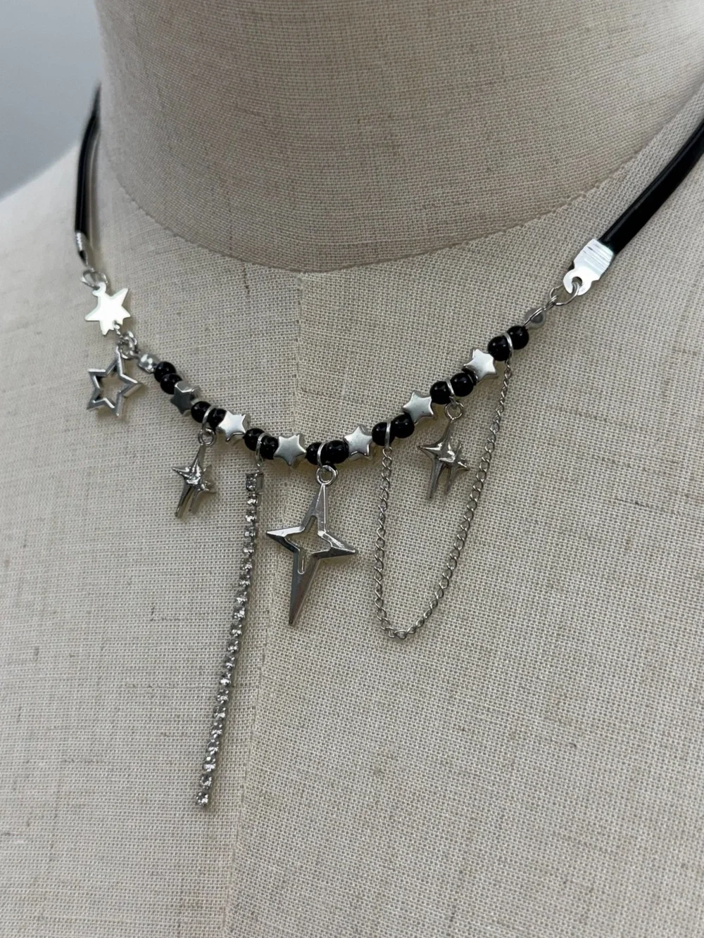 Y2K Star Charm Choker Necklace Black Cord Silver Tone Goth Grunge E-Girl